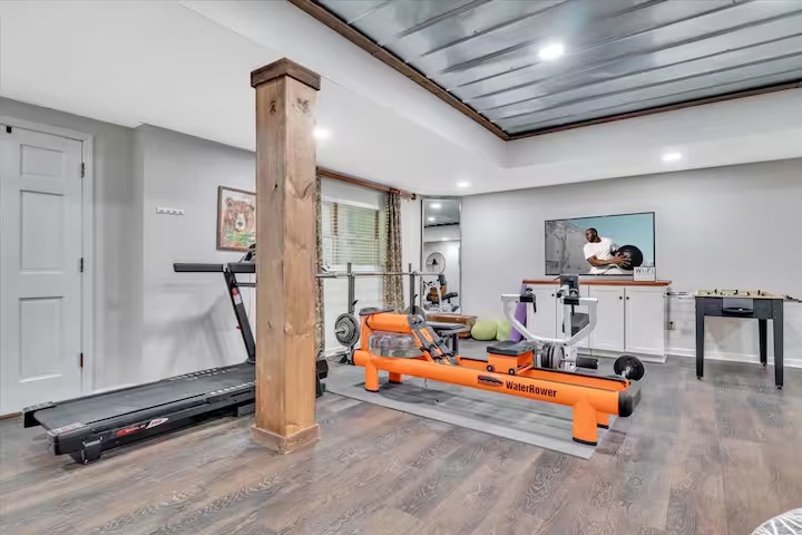 Private home gym with cardio, strength, and rowing equipment